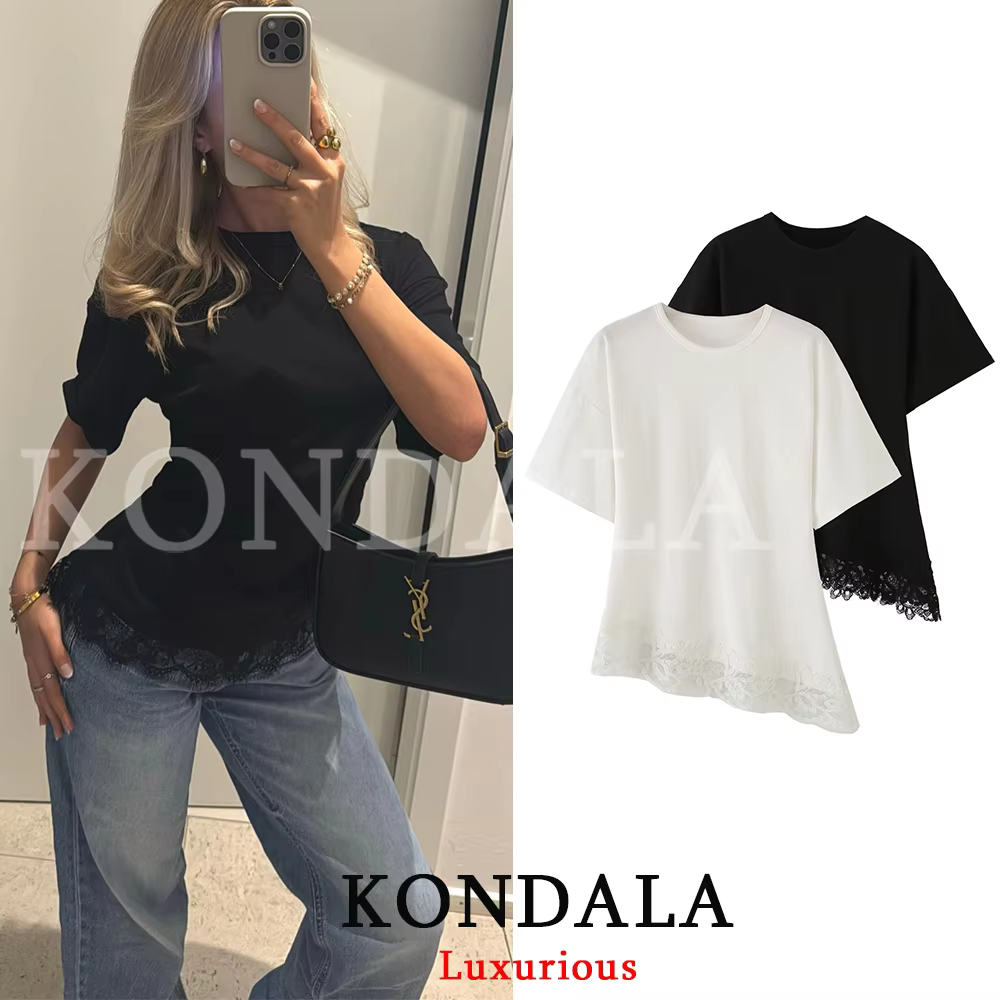 KONDALA Streetwear Chic Décontracté Femme Haut en Dentelle Asymétrique à Manches Courtes Col Rond Te