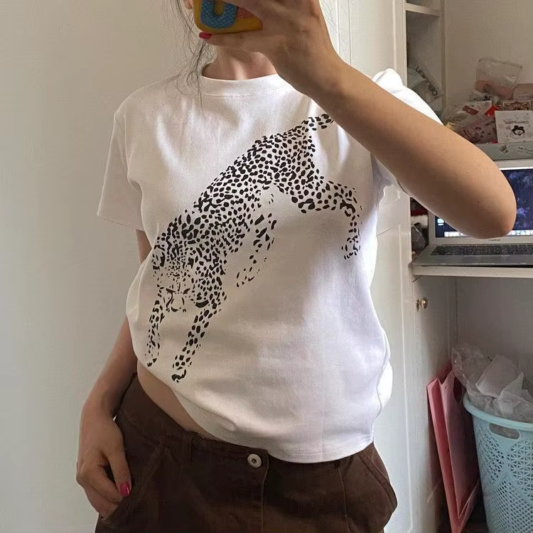 T-shirt imprimé léopard pour femme, décontracté, ample, à manches courtes, pour l'été