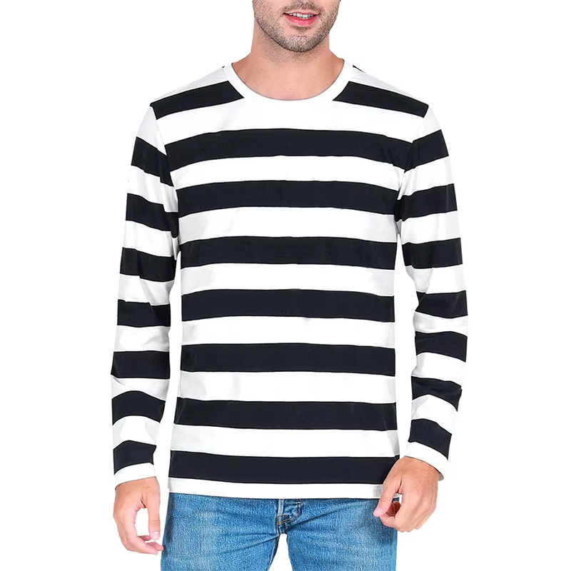 Mode contraste rayure impression 3D hommes à manches longues T-shirt décontracté mode col rond surdi