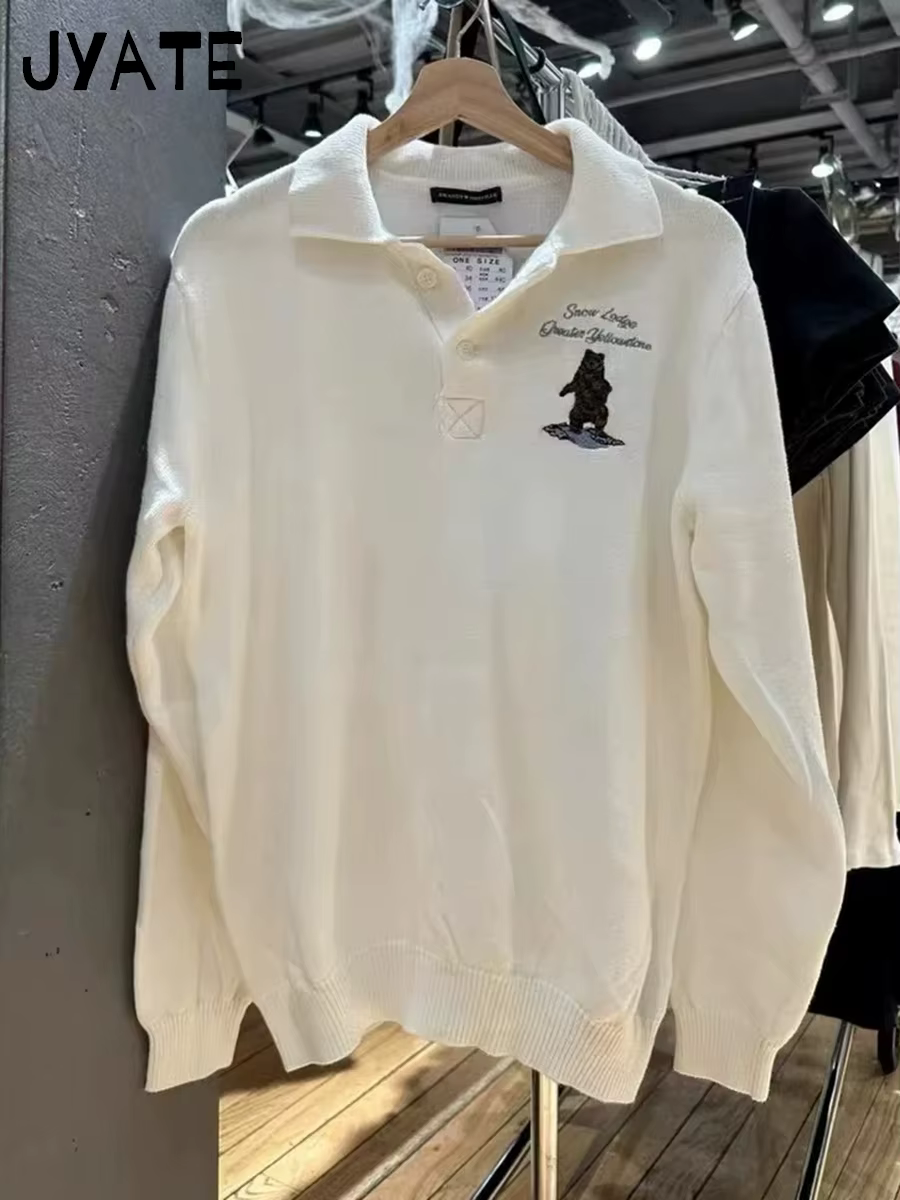 Pull ample brodé d'ours mignon pour femmes, hauts à boutons, col rabattu, Style Preppy, pull en tric