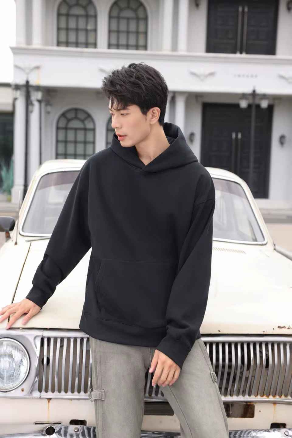 Sweat à capuche 100 % coton 480 g/m² pour homme, coupe ample, pull molletonné style urbain, printemp