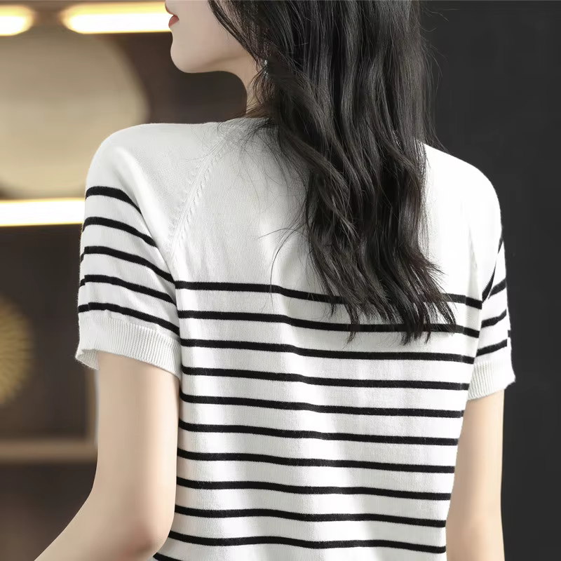 T-shirt 100% coton pour femmes, tricoté à rayures, manches courtes, décontracté, col rond, hauts bas
