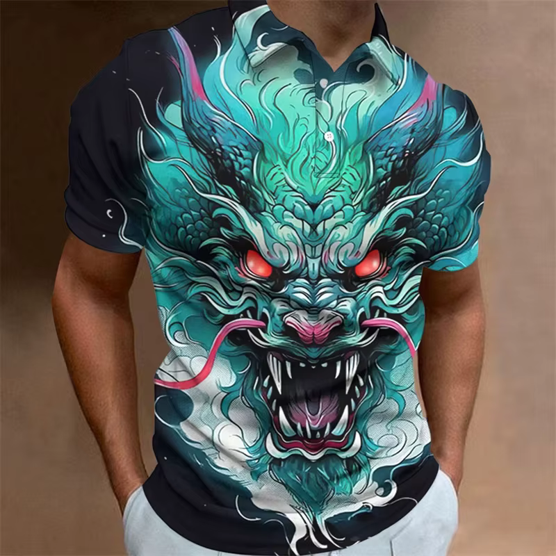 Polo à motif de dragon pour hommes, Économie College en 3D d'animaux, Économie à boutons, Haut à rev