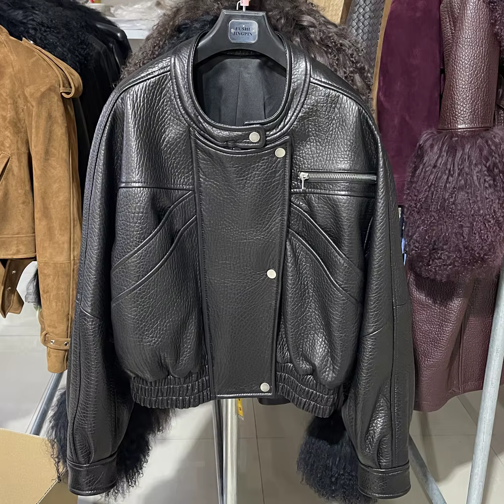 Veste bomber en peau de mouton grainée véritable pour femme, col rond, fermeture éclair, manteau en