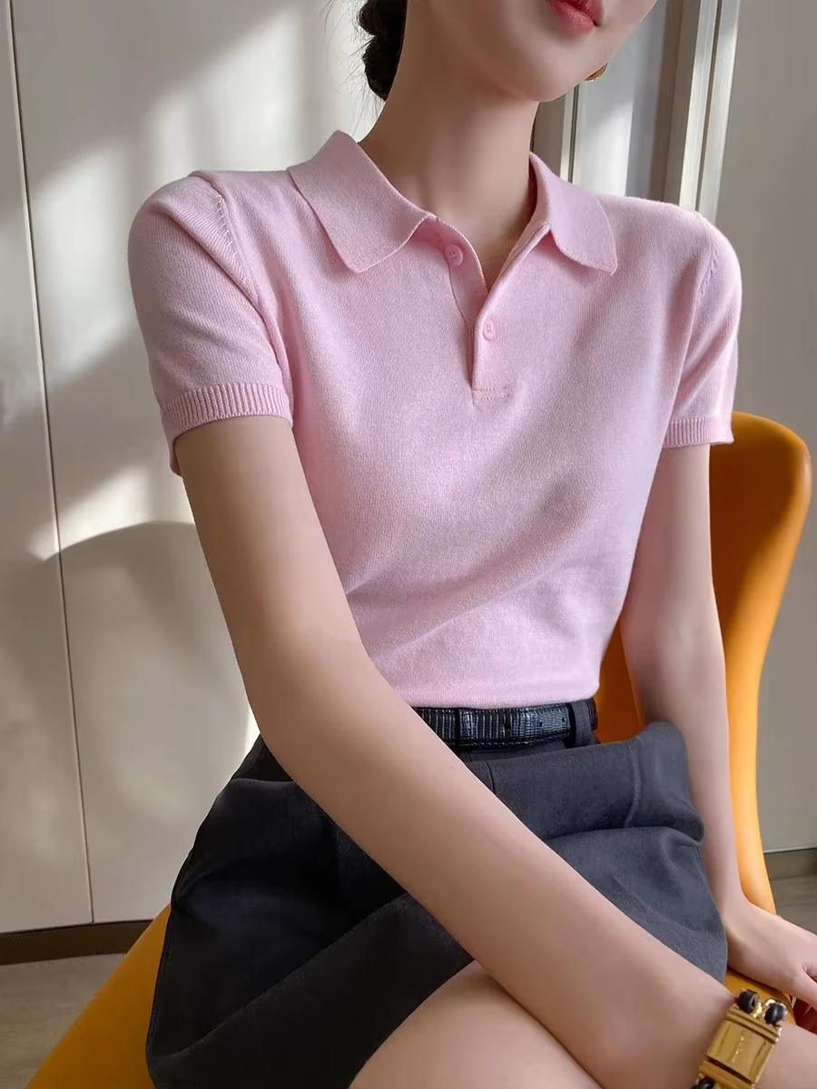 Polo rose tricoté T-shirt haut pour femme chemises à manches courtes 2025 nouvelle chemise printemps
