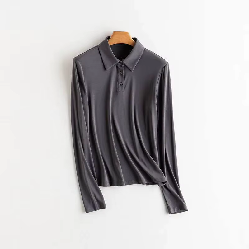 T-shirt Polo à manches longues pour femmes, 80% soie, sans repassage, Slim, doux, haute élasticité,