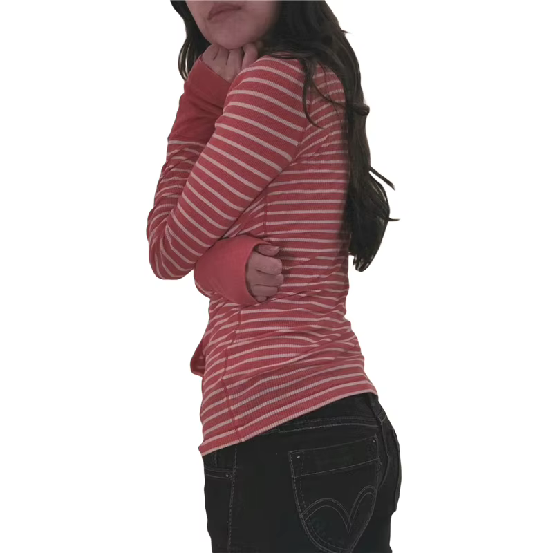 T-shirt à rayures pour femmes, col en V, manches longues, avec poche, y2k, vêtements féeriques Grung