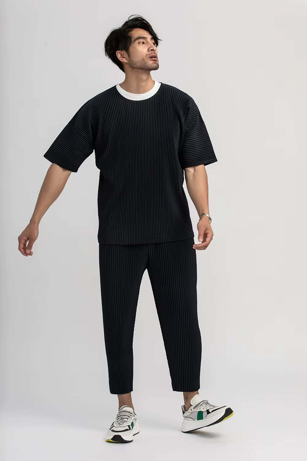 T-shirt à manches courtes et col rond pour homme, haut de sport, fin, respirant, solide, plissé, été