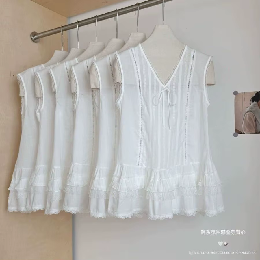 Débardeur blanc chic pour femme avec dentelle, ourlet à volants, double couche, sans manches, patchw