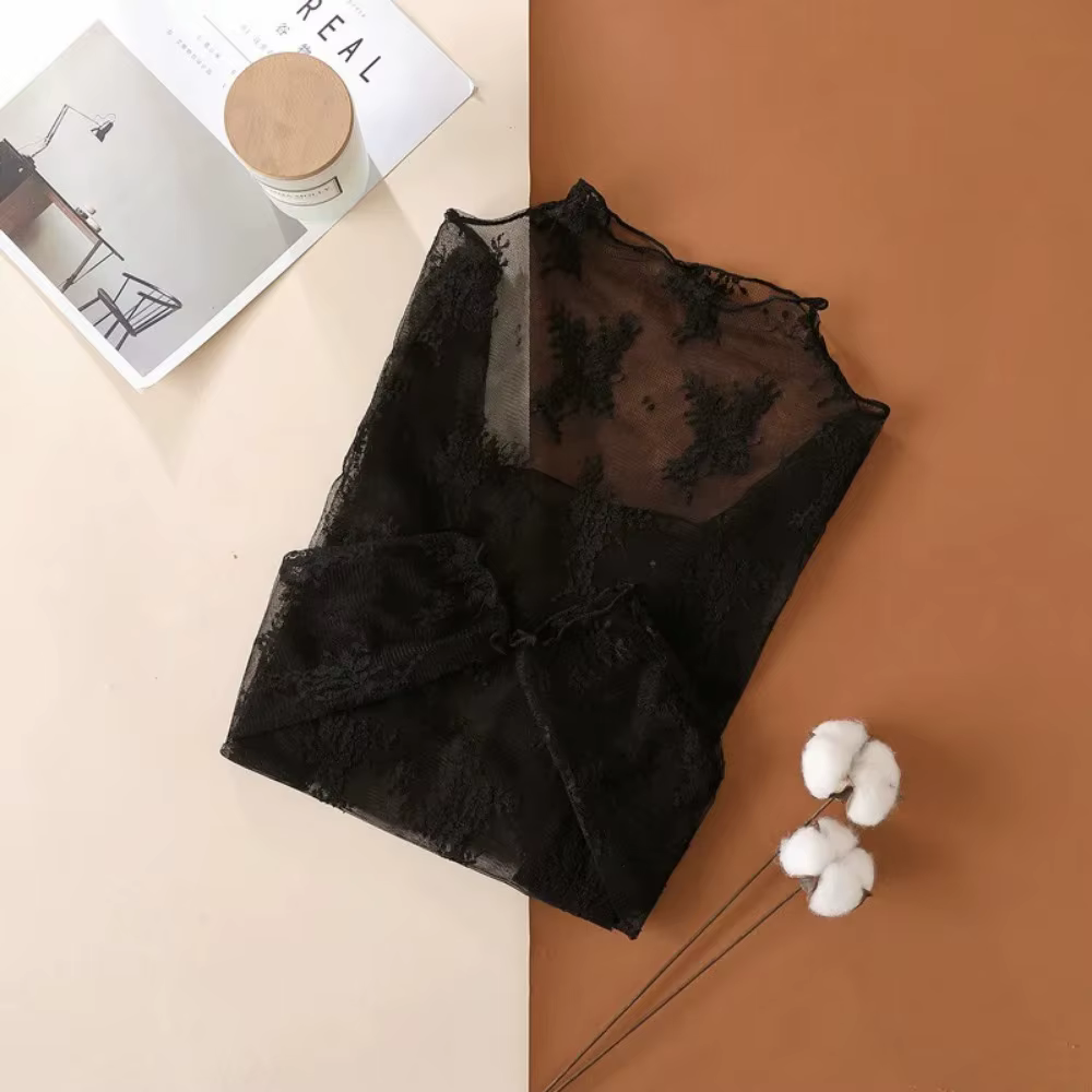 T-shirts en maille pour femmes à manches longues, chemisier transparent en dentelle, haut transparen