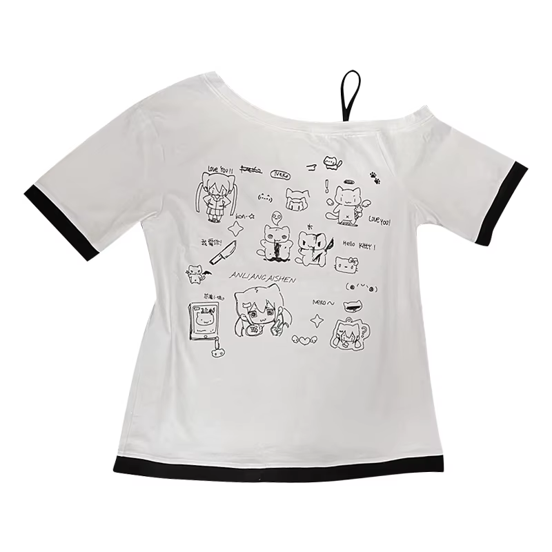 Japonais Y2k sous-culture mignon T-shirt épaules dénudées blanc à manches courtes été T-shirt femme