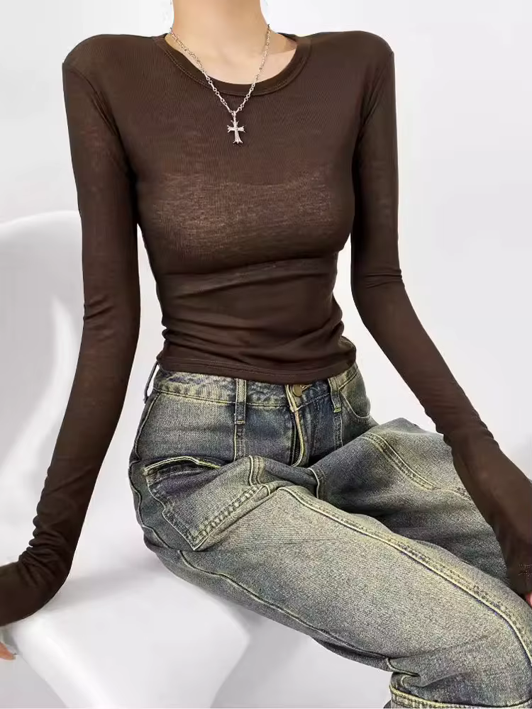 2025 début d'automne fille épicée col rond élastique coupe ajustée mince à manches longues t-shirt f