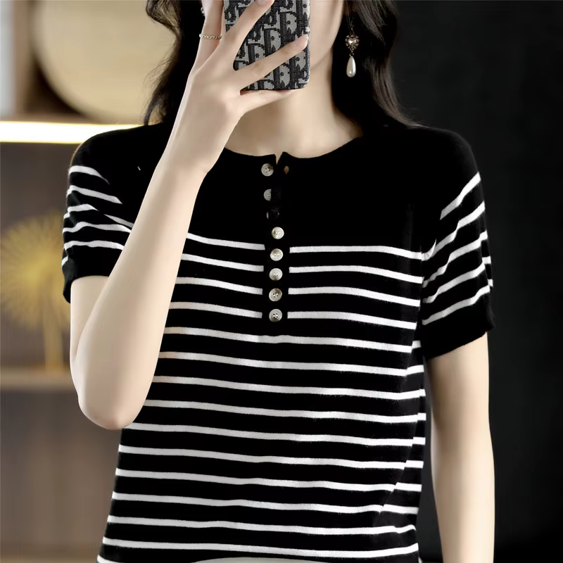 T-shirt 100% coton pour femmes, tricoté à rayures, manches courtes, décontracté, col rond, hauts bas