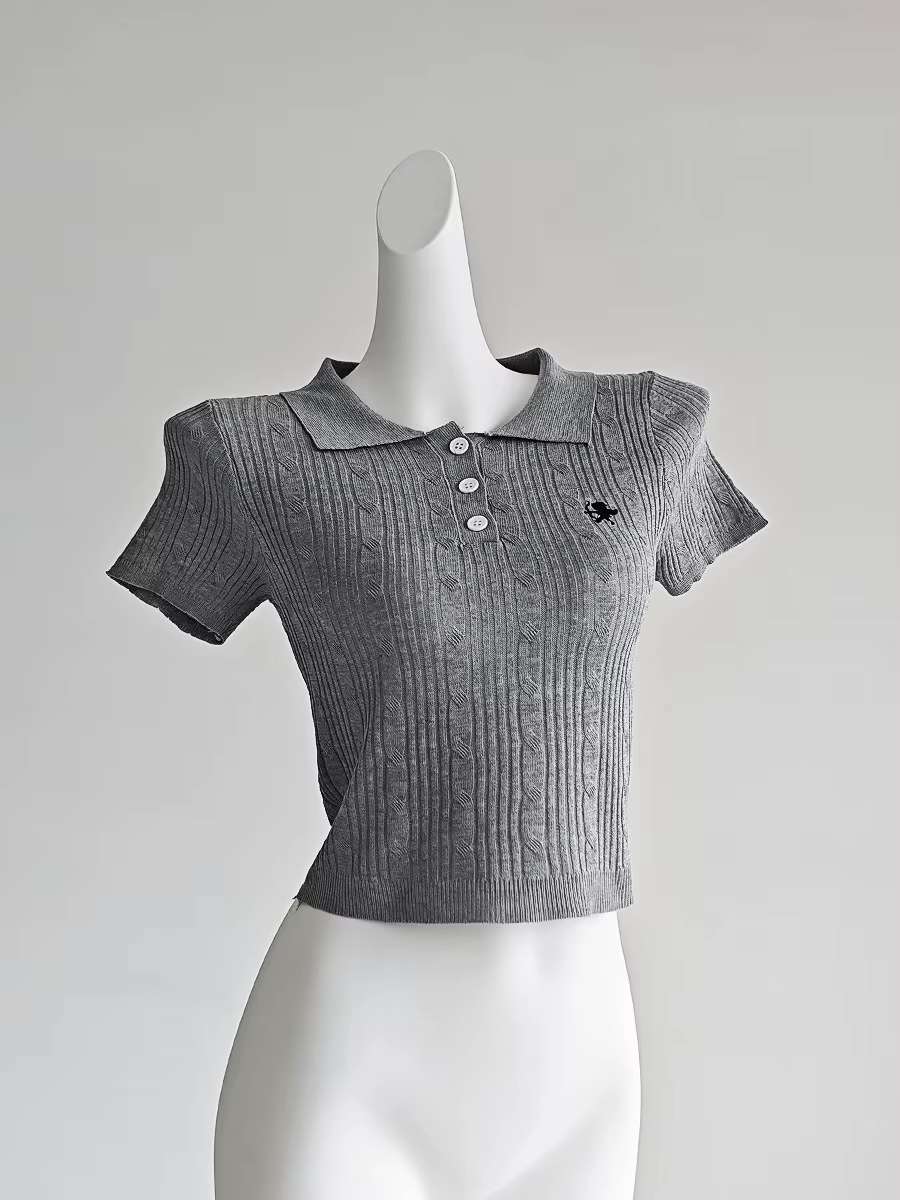 Polo en maille côtelée pour femme, manches courtes, col polo, broderie ange, crop top, style écolièr