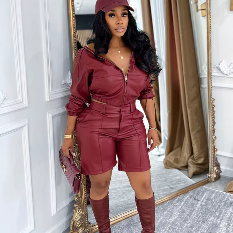 Doyerl – ensemble 2 pièces en Faux cuir PU pour femme, veste courte à capuche et short de moto, manc
