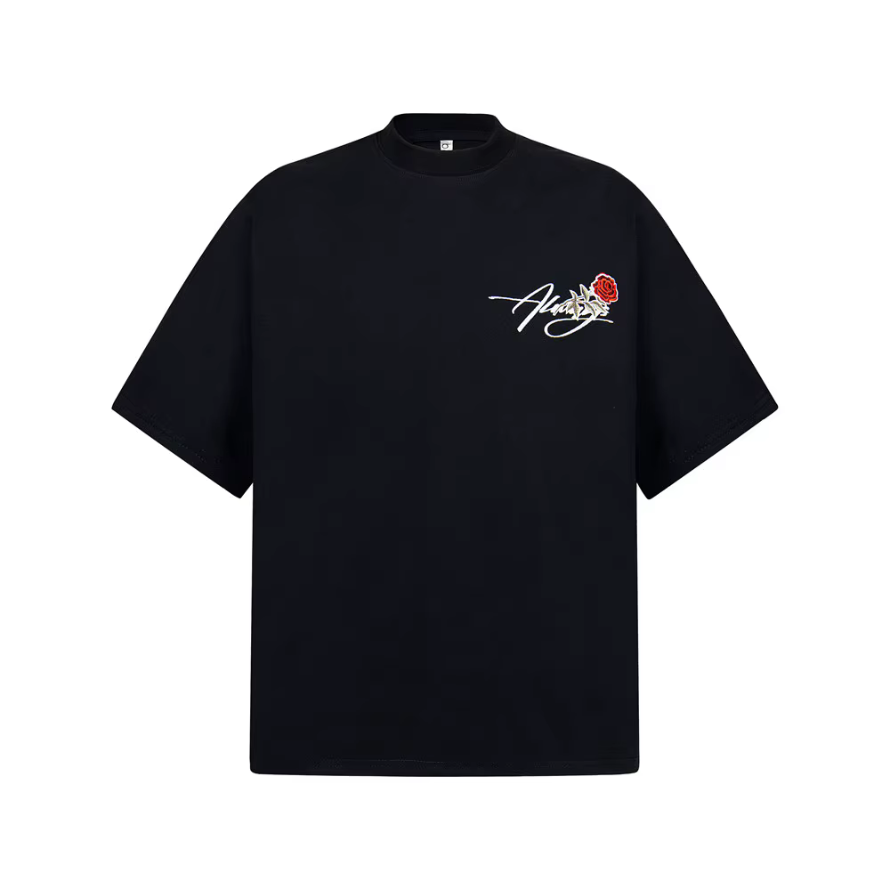 Rose fleur broderie à manches courtes T-shirt hommes rétro haute rue demi-manches ample col rond cot