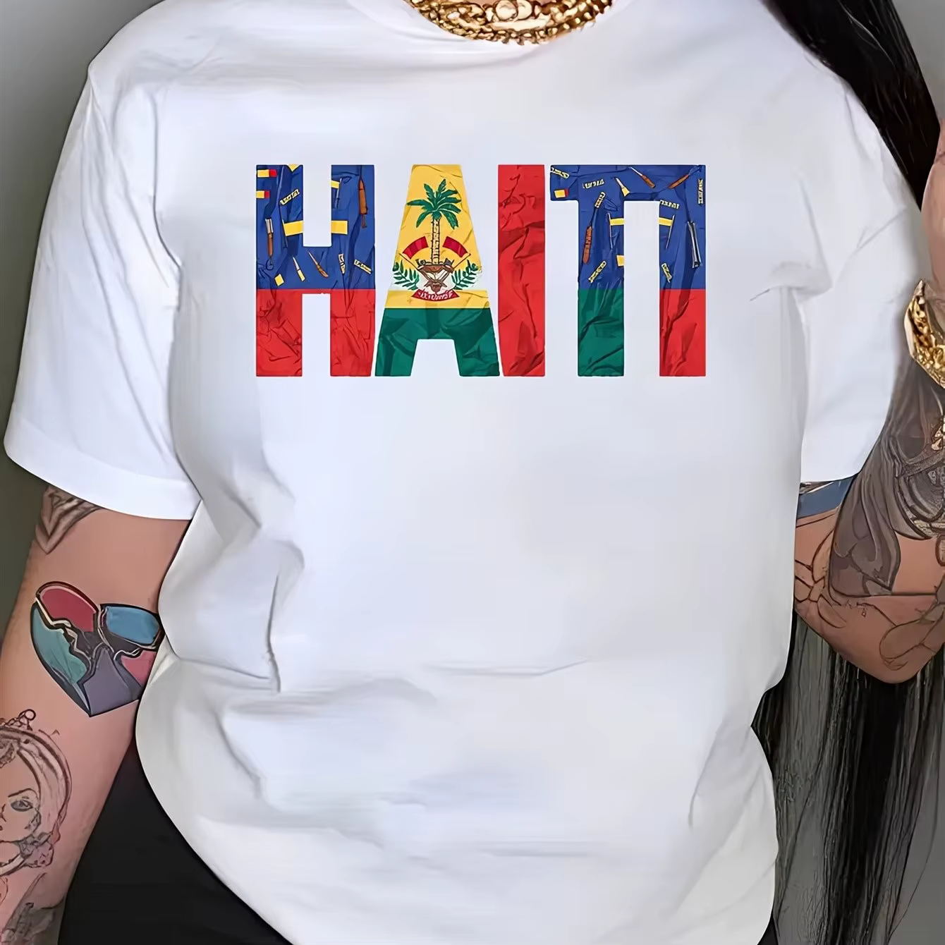 T-shirt graphique drapeau d'Haïti, blason haïtien, palmiers, coton, col rond, décontracté