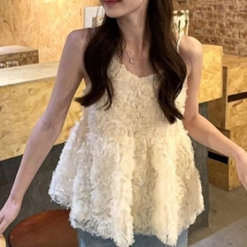 Camisole à fleurs tridimensionnelles lourdes au Design français, haut pastoral d'été pour femmes, 20