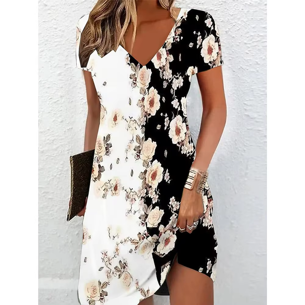 Robe t-shirt pour femmes, robe décontractée d'été, imprimé floral, col en V, mini-robe, manches cour