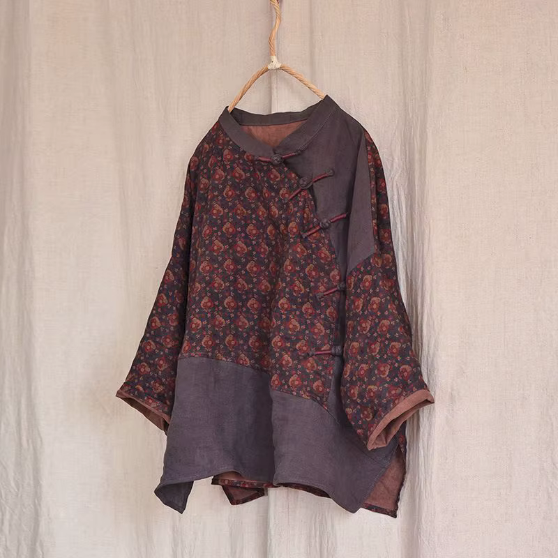 Coton lin t-shirts femmes mode imprimé contrasté à lacets chemise artistique irrégulière Vintage sur