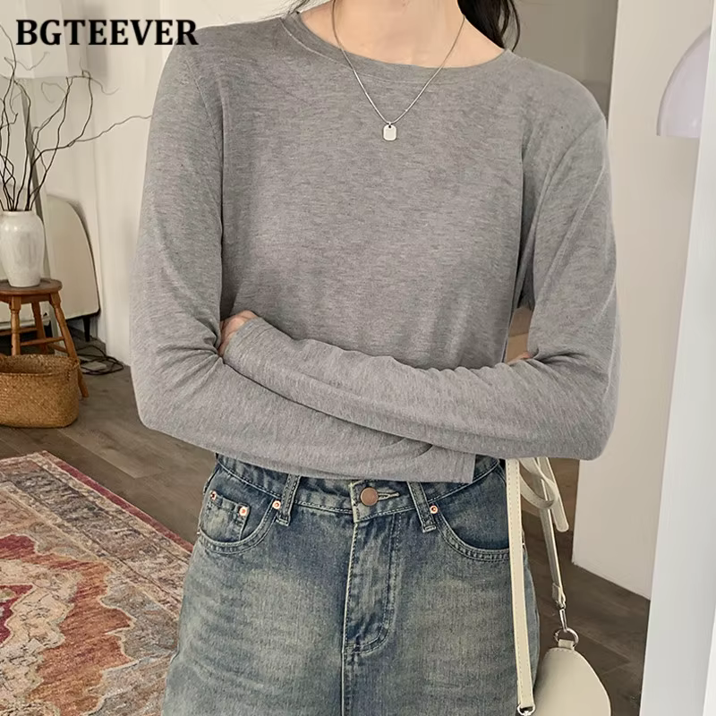 BGTEEVER-T-shirt en coton à manches longues pour femmes, Économie décontractés pour femmes, Noir et