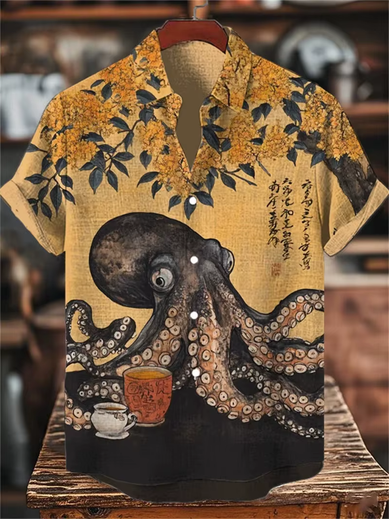 Chemise à manches courtes pour hommes vêtements en lin haut rétro illustration prune chemise à manch