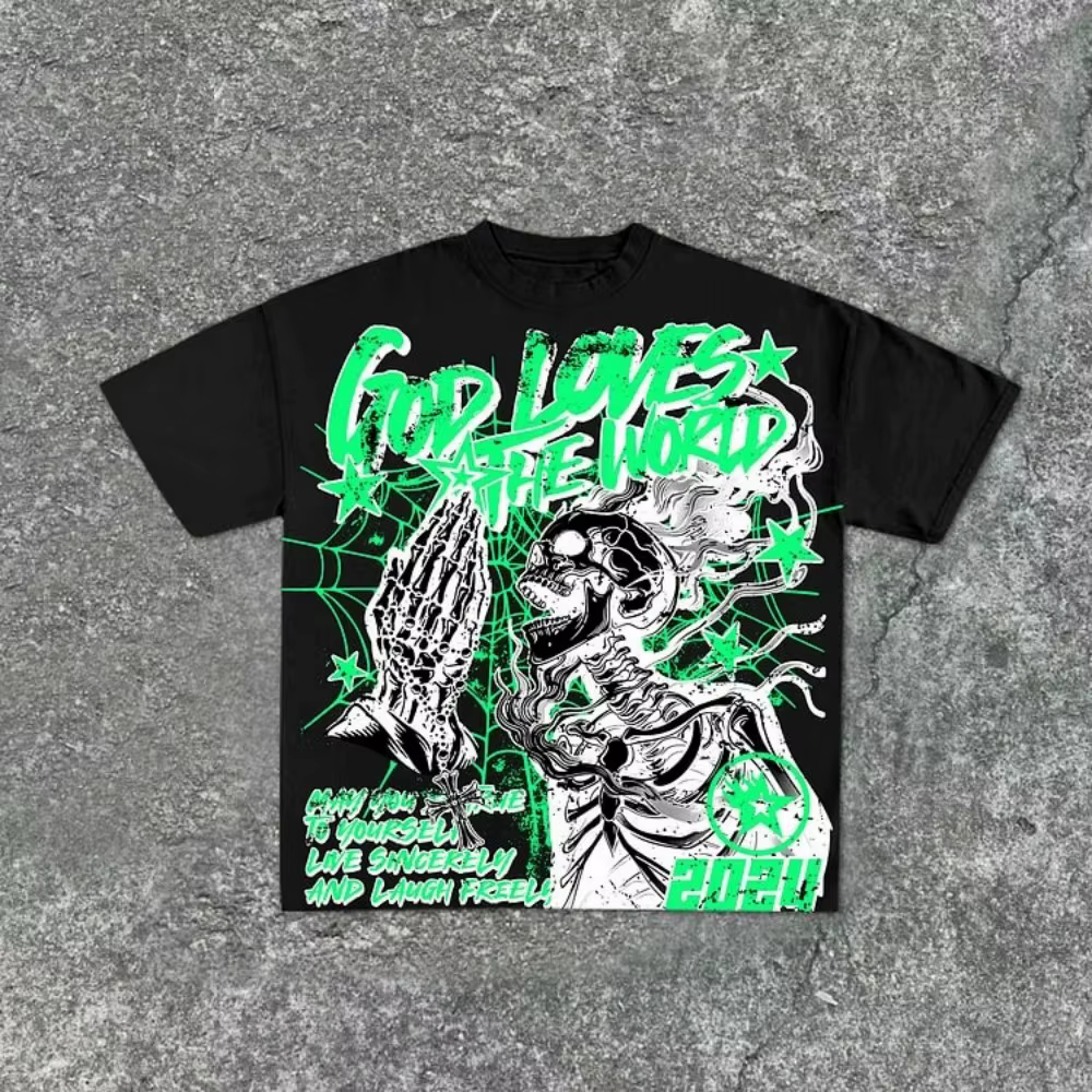 T-shirt col rond pour hommes, style à la mode, imprimé tête de mort, confortable et respirant, haut