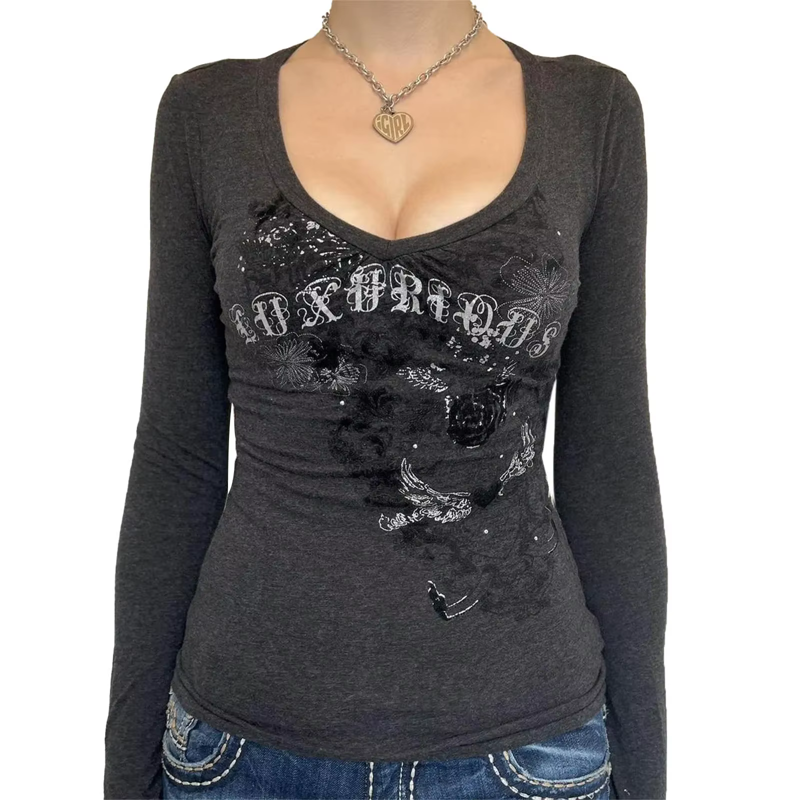 T-shirt graphique à manches longues pour femmes, imprimé gothique, punk grunge, esthétique Y2K, t-sh