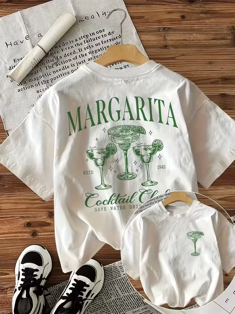 T-shirt graphique pour femmes Margarita Cocktail Club, imprimé devant et derrière, col rond décontra