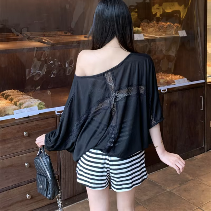 T-shirt oversize pour femme, haut décontracté ample, manches chauve-souris tendance, sexy, dos nu en