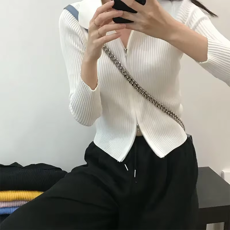 Cardigan Slim Fit à col polo pour femme, haut court à double tête, manches longues, fermeture éclair