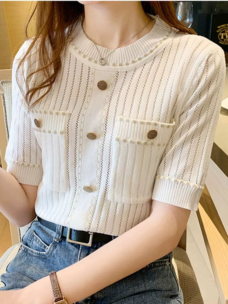 T-shirt blanc à manches courtes pour femme, vêtement basique avec poches, estival et décontracté, 20