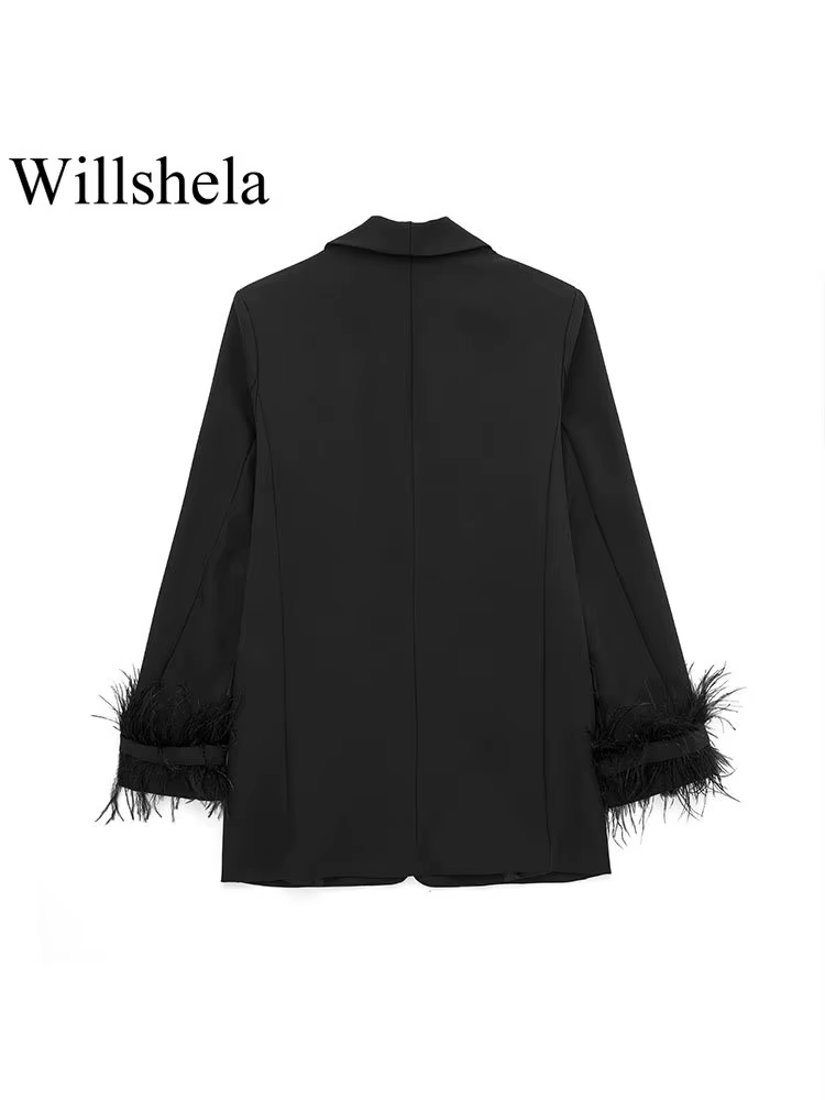 Willshela femmes mode Satin noir avec plume Blazer veste Vintage col cranté bouton unique manches lo