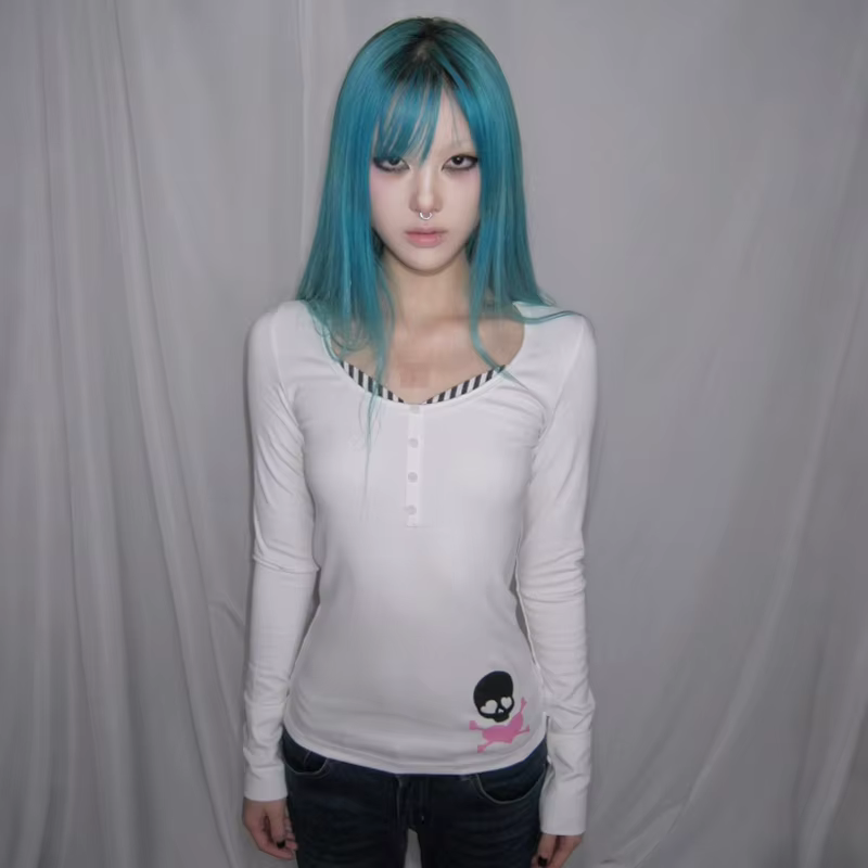 Karrcat Trashy Y2k T-shirt imprimé crâne Grunge esthétique faux deux pièces hauts Vintage années 200