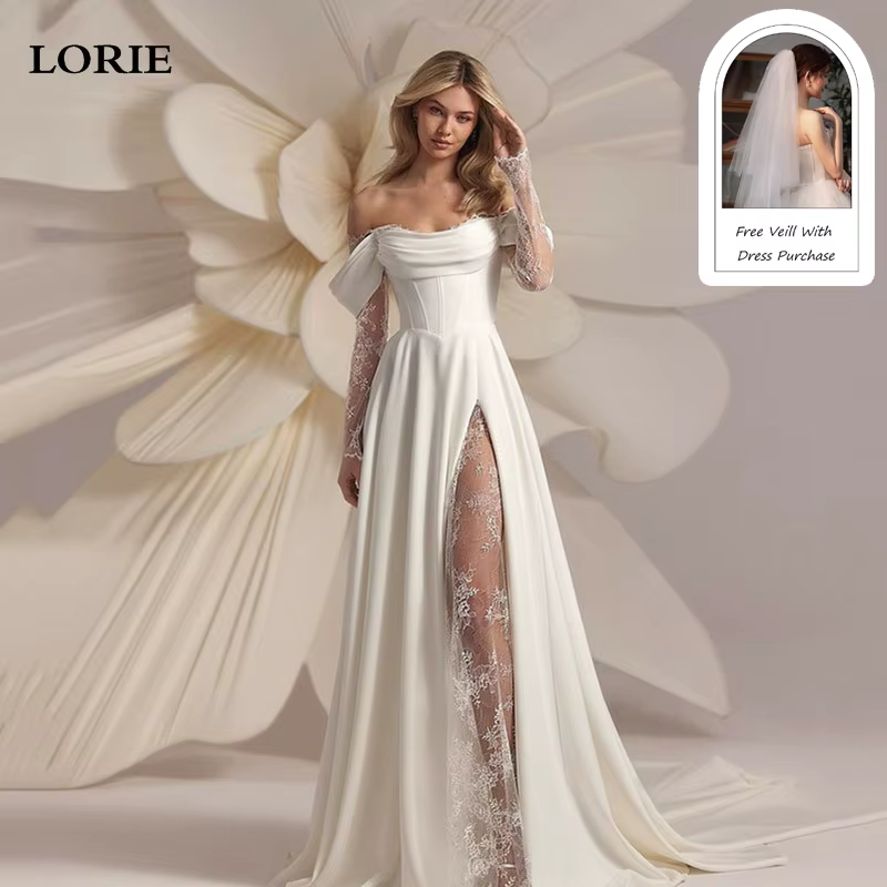 LORIE – robe de mariée en dentelle, manches longues, épaules dénudées, ligne a, dos nu, avec des App