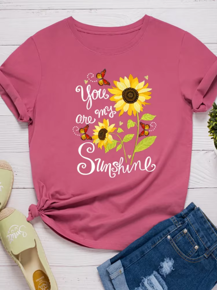 T-shirt manches courtes col rond femme, ample, You Are My Sunshine, imprimé tournesol