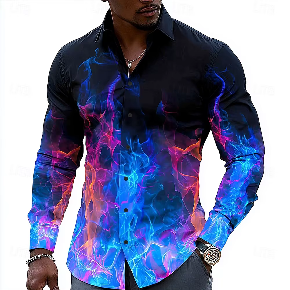 Hip Hop flamme impression chemise hommes Streetwear 2025 mode à manches longues hauts urbain à la mo