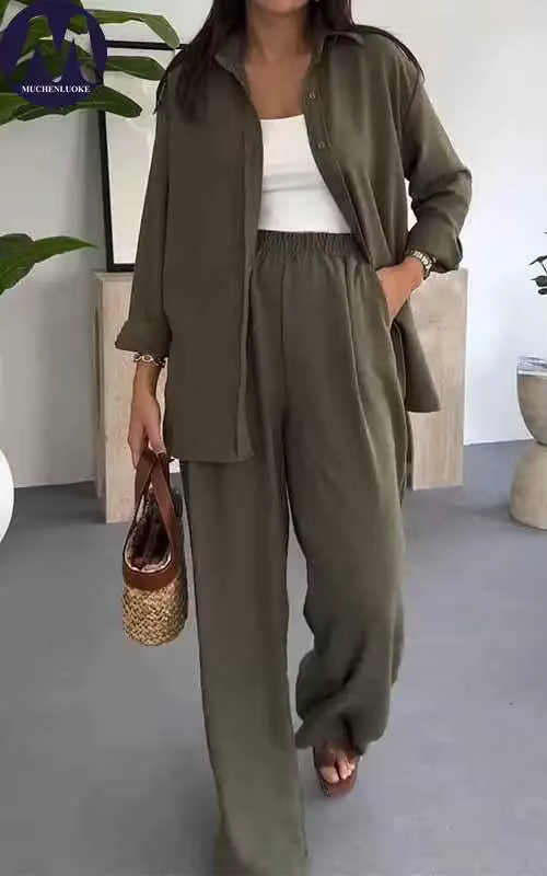 Ensemble 2 pièces mode été pour femme : chemise polyvalente à manches longues et revers, et pantalon