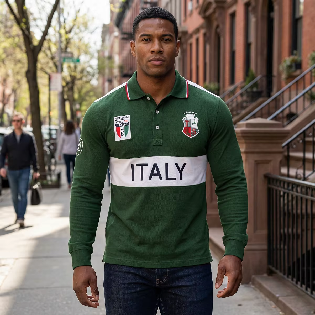 Polo à manches longues pour homme en coton 100% vert, col complet, avec broderie italienne, vêtement