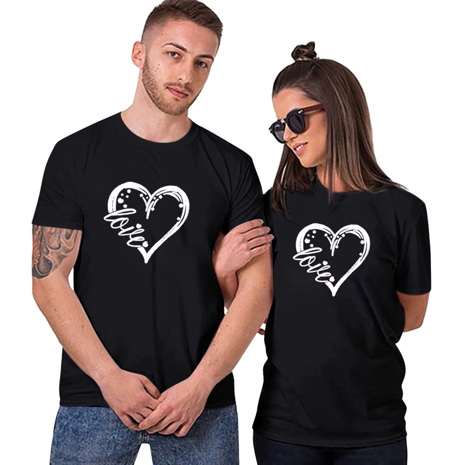 Amour coeur imprimé Couple t-shirt à manches courtes col rond lâche amoureux t-shirt femmes hommes t