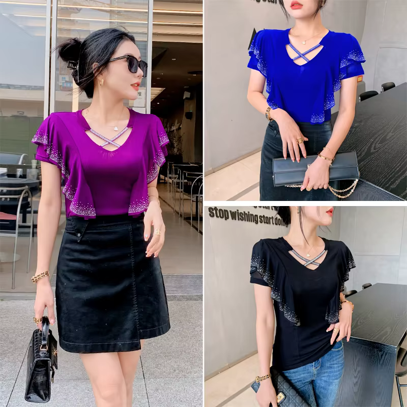 T-shirt manches courtes col en V femme, estival et élégant, à volants, en maille, faux diamants croi