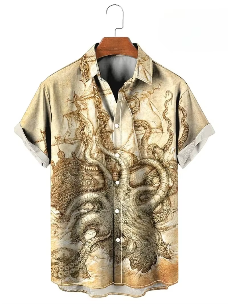 Vintage boutonné chemise homme 3d carte imprimé à manches courtes chemise hawaïenne revers vêtements