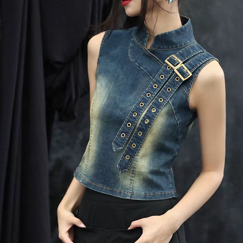 Haut en Denim pour femmes, nouveau T-shirt rétro d'été 2025, col montant, T-shirt court polyvalent à
