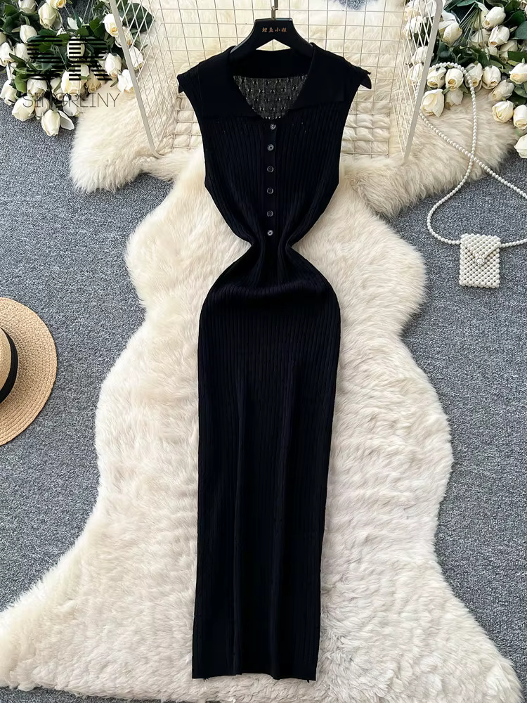 Robe longue moulante en maille extensible SINGREINY pour femme, élégante et simple, avec col à rever