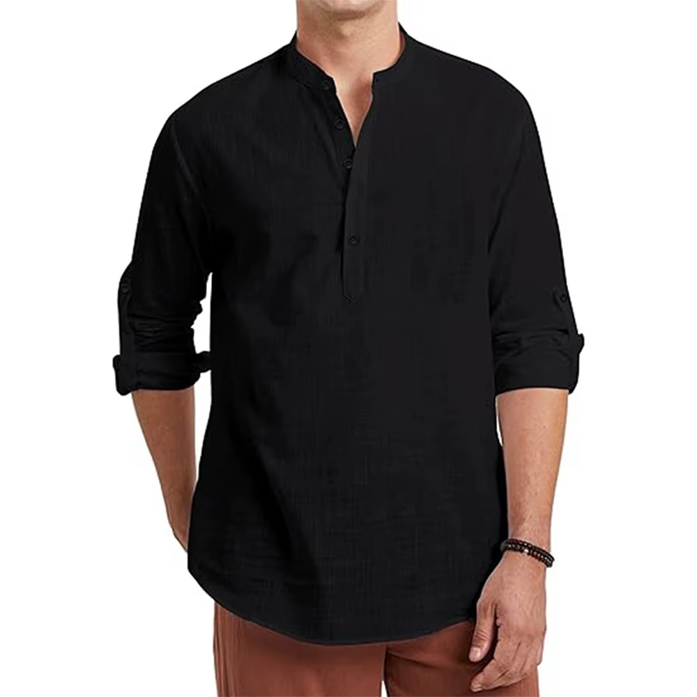 Polo à manches longues en coton et lin pour hommes, léger, col Henley, Style plage hawaïen, couleur