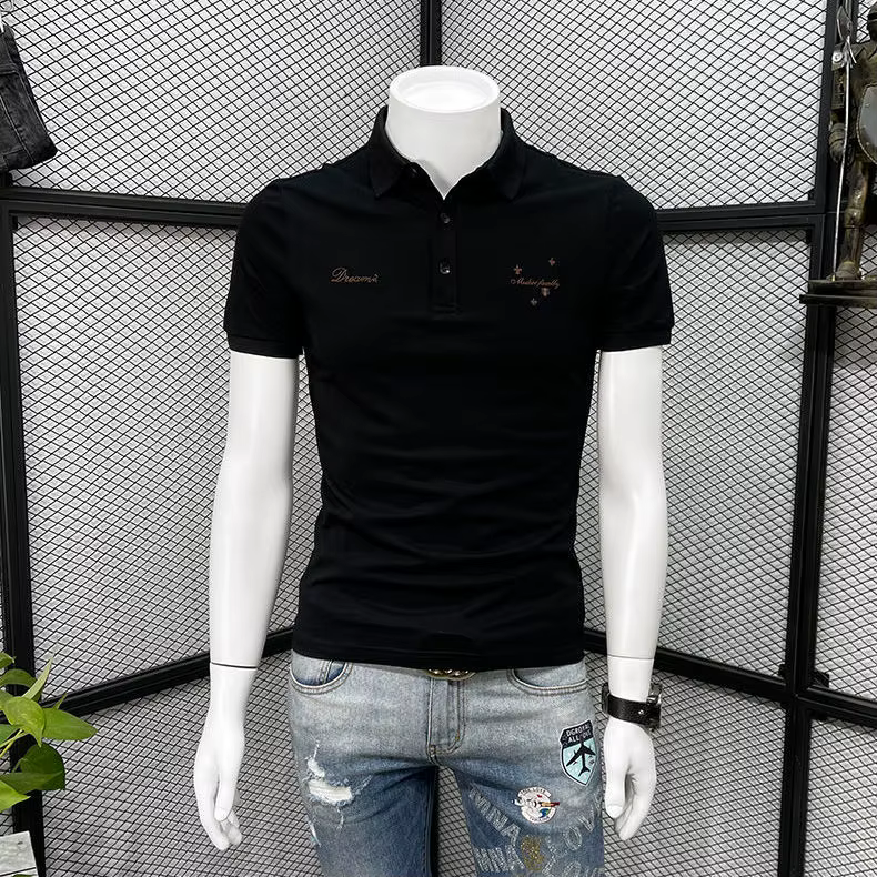 T-shirt Slim avec col pour homme, Streetwear, noir, blanc, avec broderie, nouveau, imprimé S