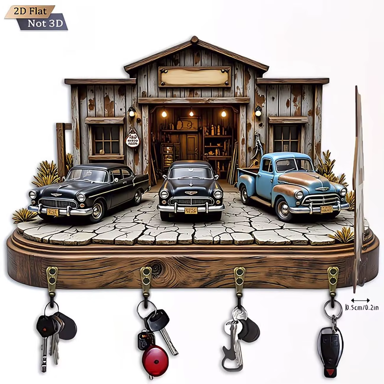 Porte-clés pour atelier de réparation automobile, design mural 2D avec trois voitures vintage imprim