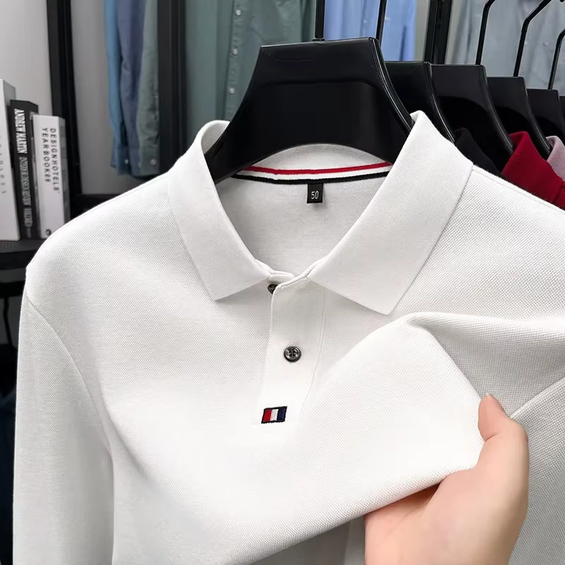 T-shirt à col pour hommes, manches longues, automne, d'âge moyen, affaires, pur coton, polo décontra