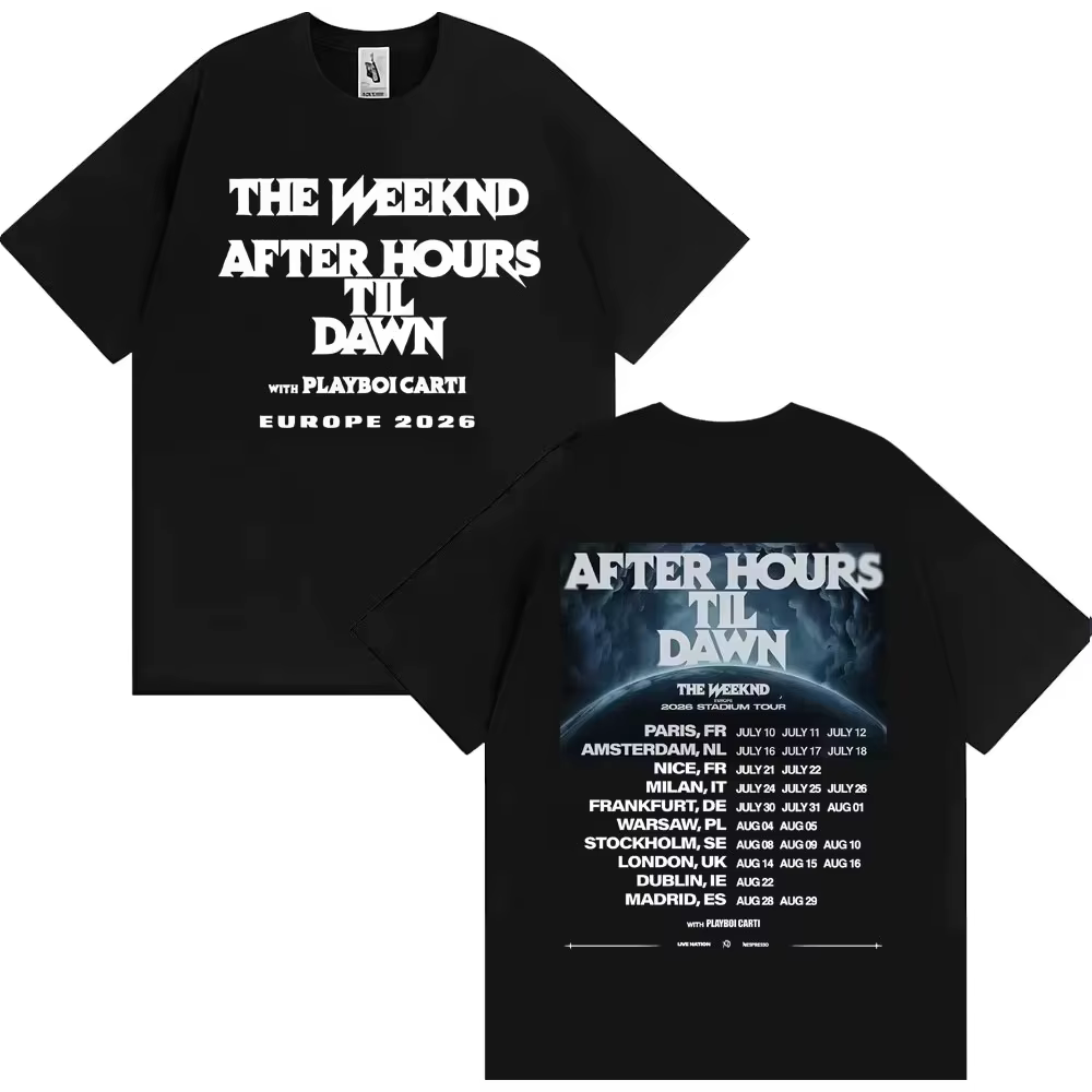 T-shirt Unisexe Oversize Streetwear Hip Hop Mode - Tournée des Stades Europe 2026 - Hours Til Dawn