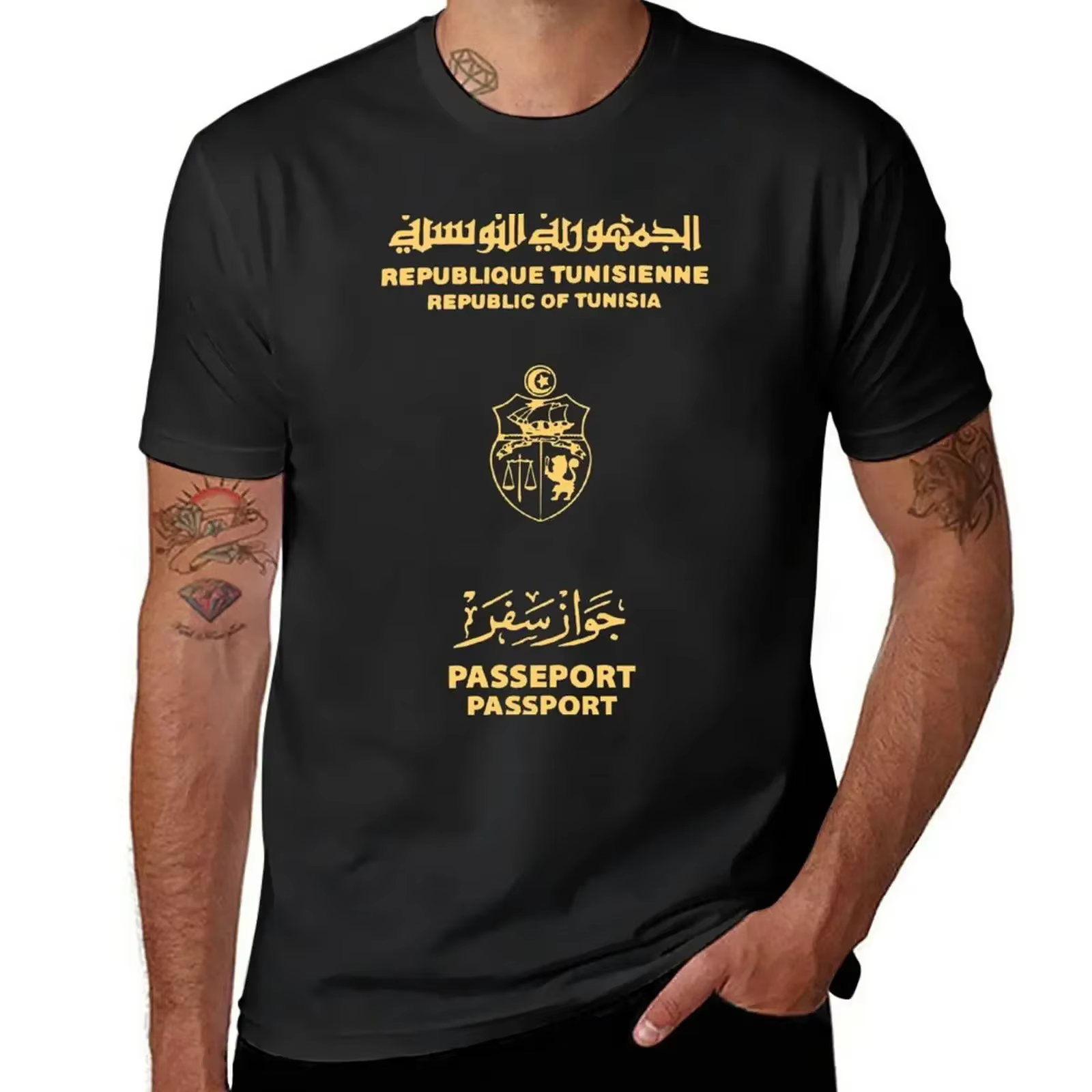 T-shirt à manches courtes avec imprimé animal pour hommes, passeport tunisien tunisien, vêtements de